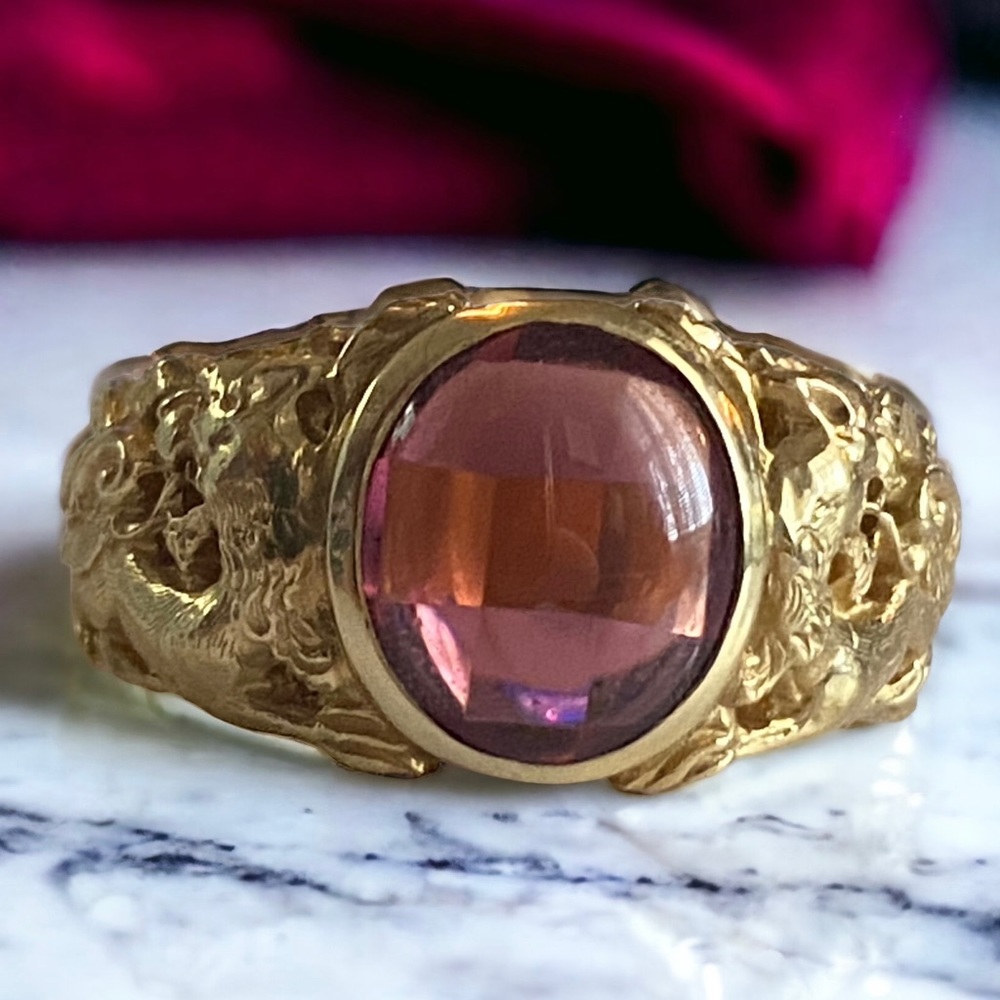 EXQUISITE Estate Vintage 18k Yellow Gold Art Nouveau RARE Light Garnet Ring 7.5
